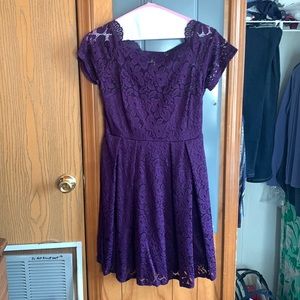 Purple lace detail square neck fit and flare dress